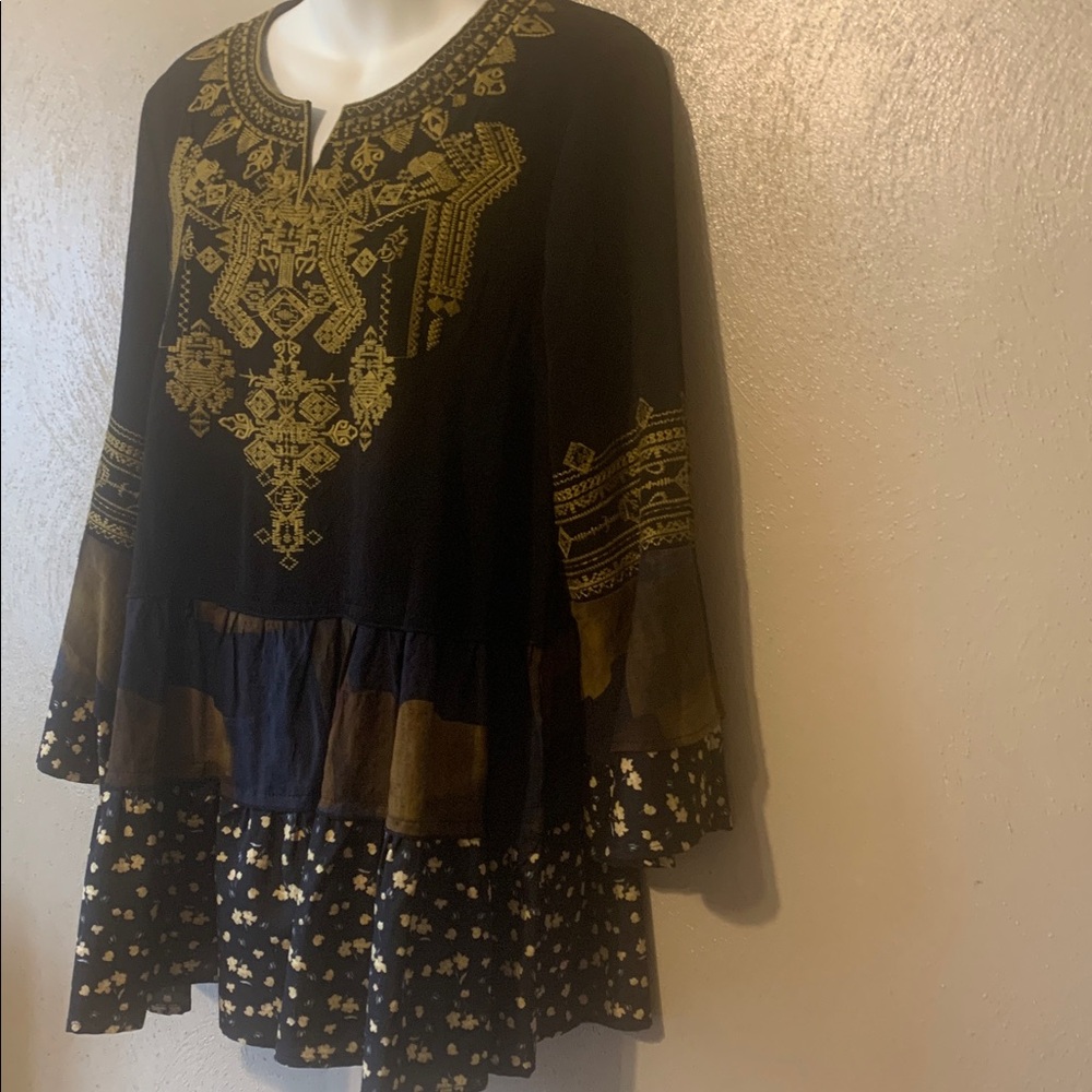 Calessa S Black Gold Navy Brown Embroidered Ruffled Multi-pattern Tunic - Picture 6 of 8